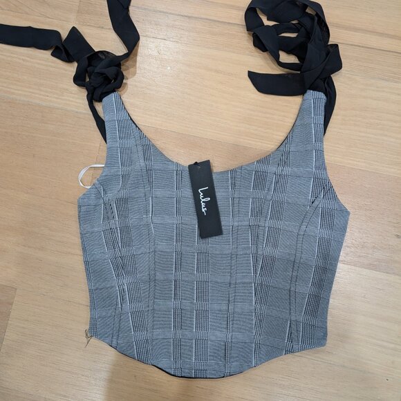 Lulus Chic Temptation Black And Ivory Plaid Tie-strap Crop Top - Size S - Picture 2 of 3